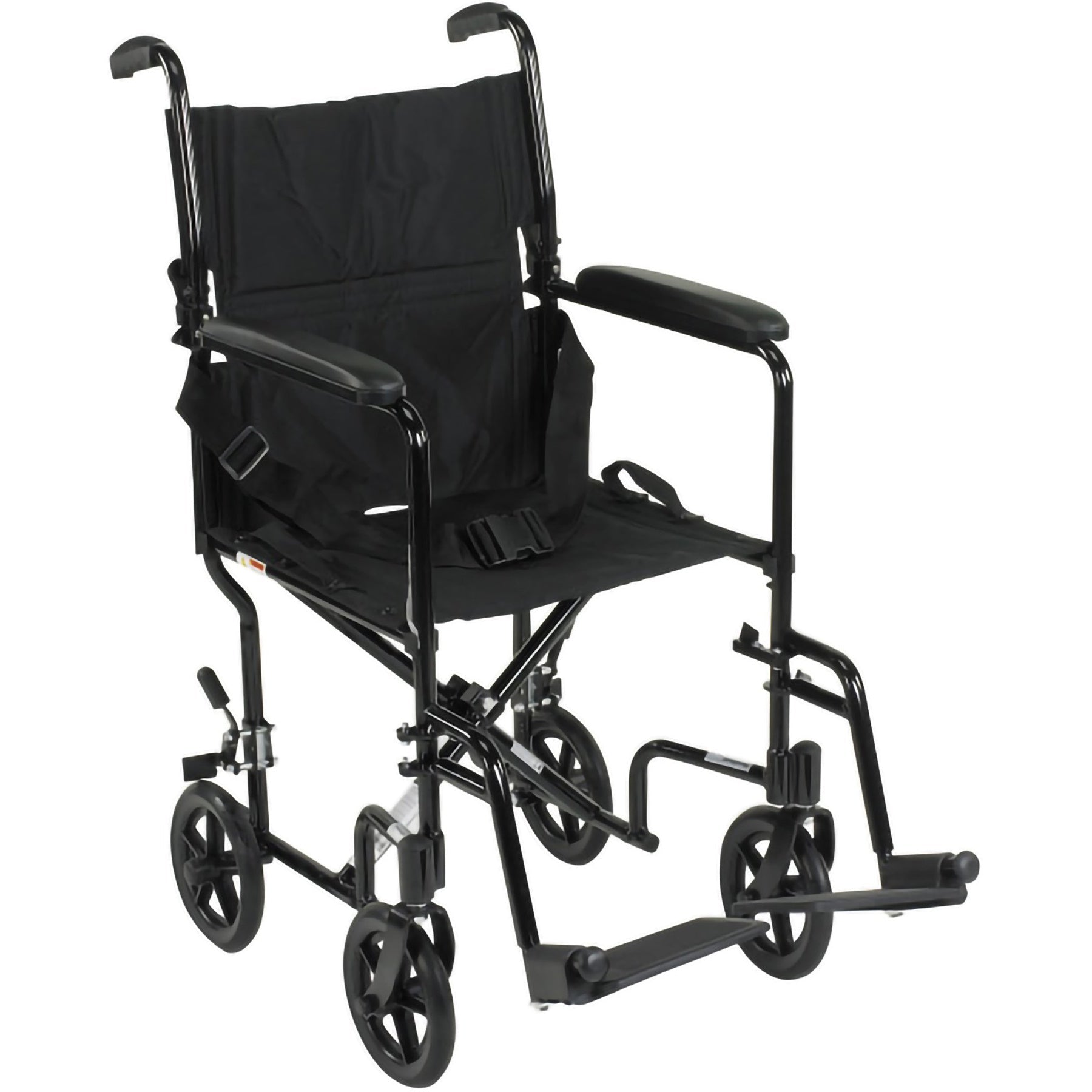 Lightweight transport chair with black frame and black padded seat, armrests, and footrests