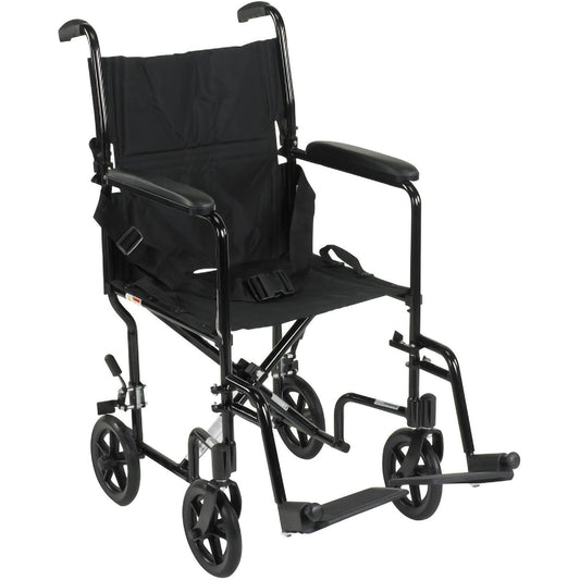 Lightweight transport chair with black frame and black padded seat, armrests, and footrests