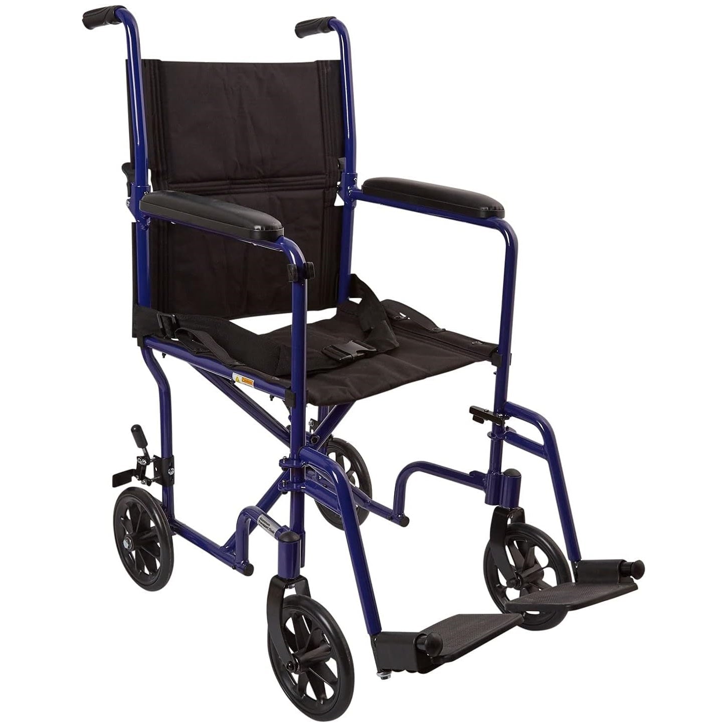 Lightweight transport chair with blue frame and black padded seat, armrests, and footrests
