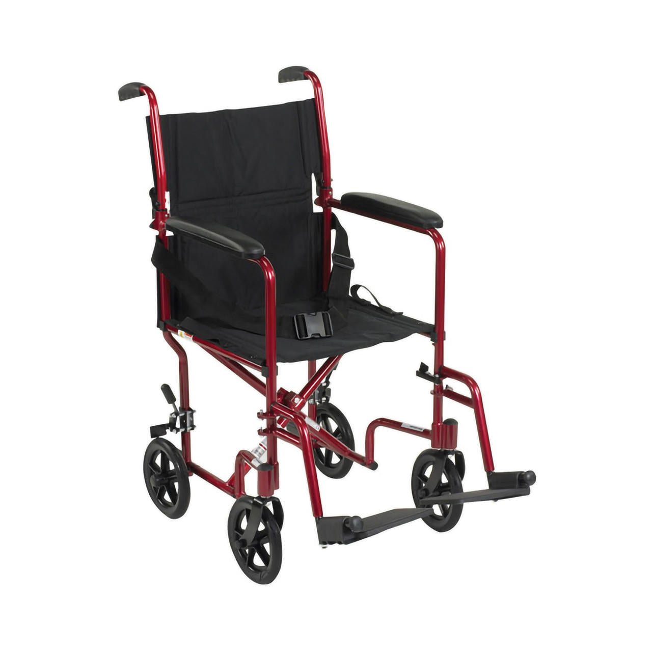 Lightweight red aluminum transport chair with black seat, armrests, and front wheels