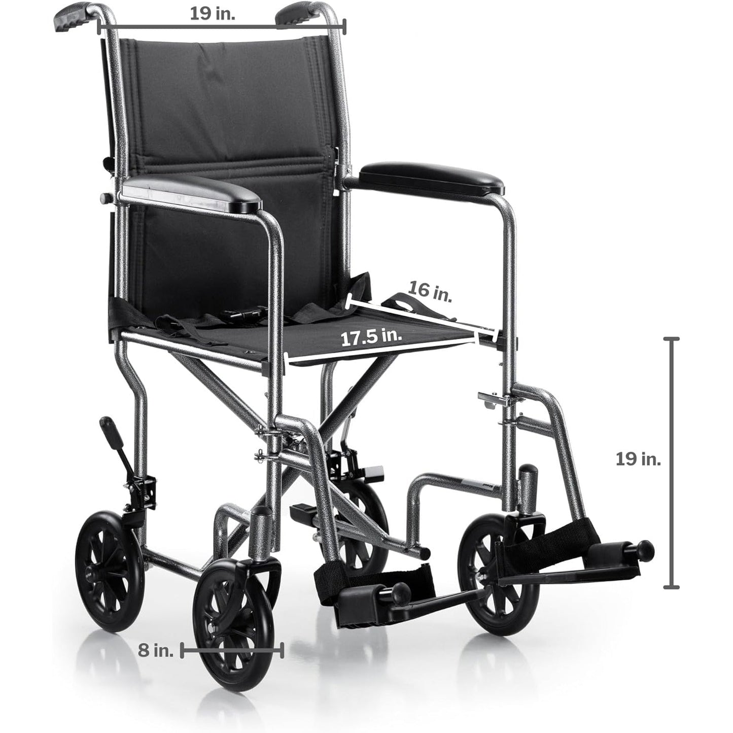 Transport chair front view: black nylon seat, padded armrests, silver vein steel frame, caster wheels