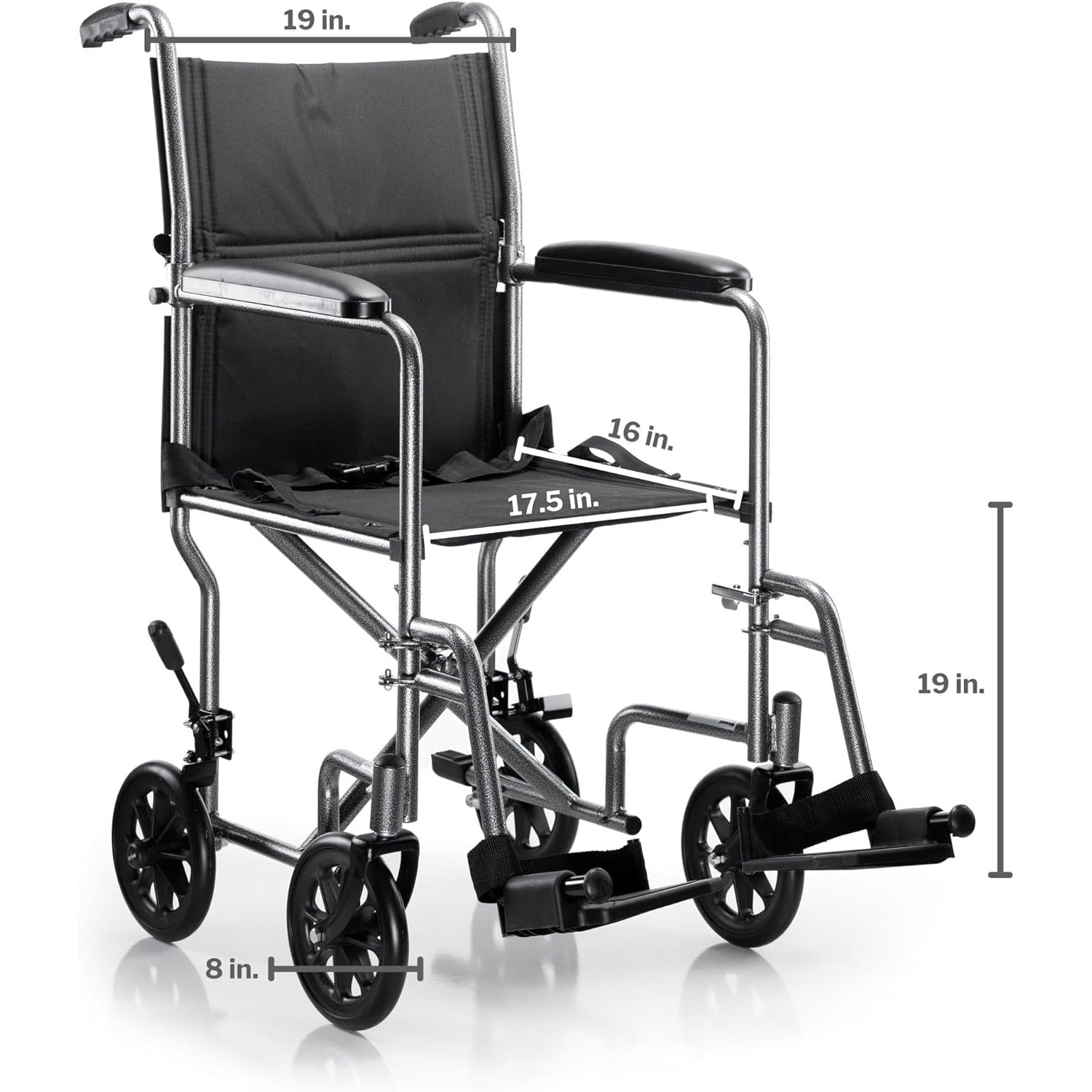 Transport chair front view: black nylon seat, padded armrests, silver vein steel frame, caster wheels