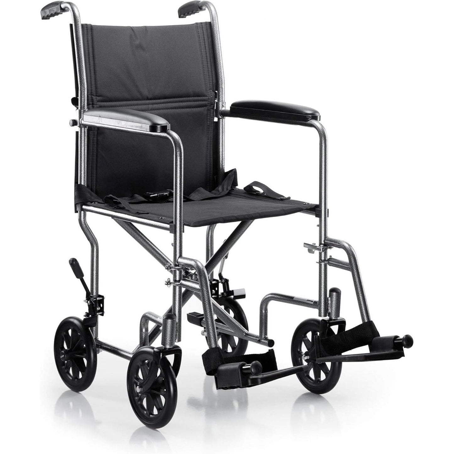 Transport chair with black nylon upholstery, padded arms, silver vein steel frame, rear wheels