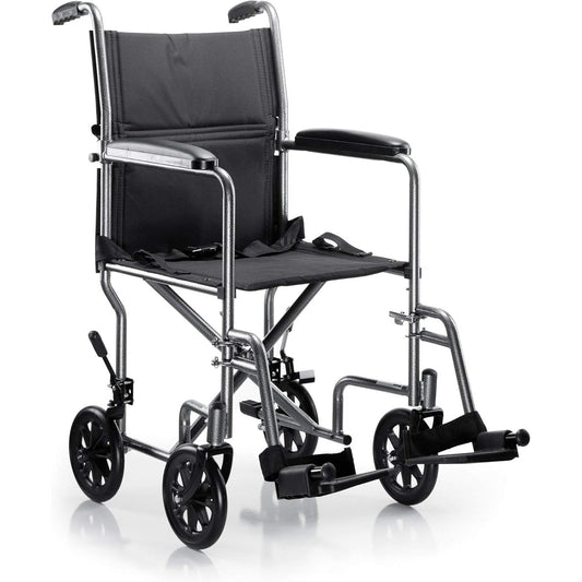 Transport chair with black nylon upholstery, padded arms, silver vein steel frame, rear wheels