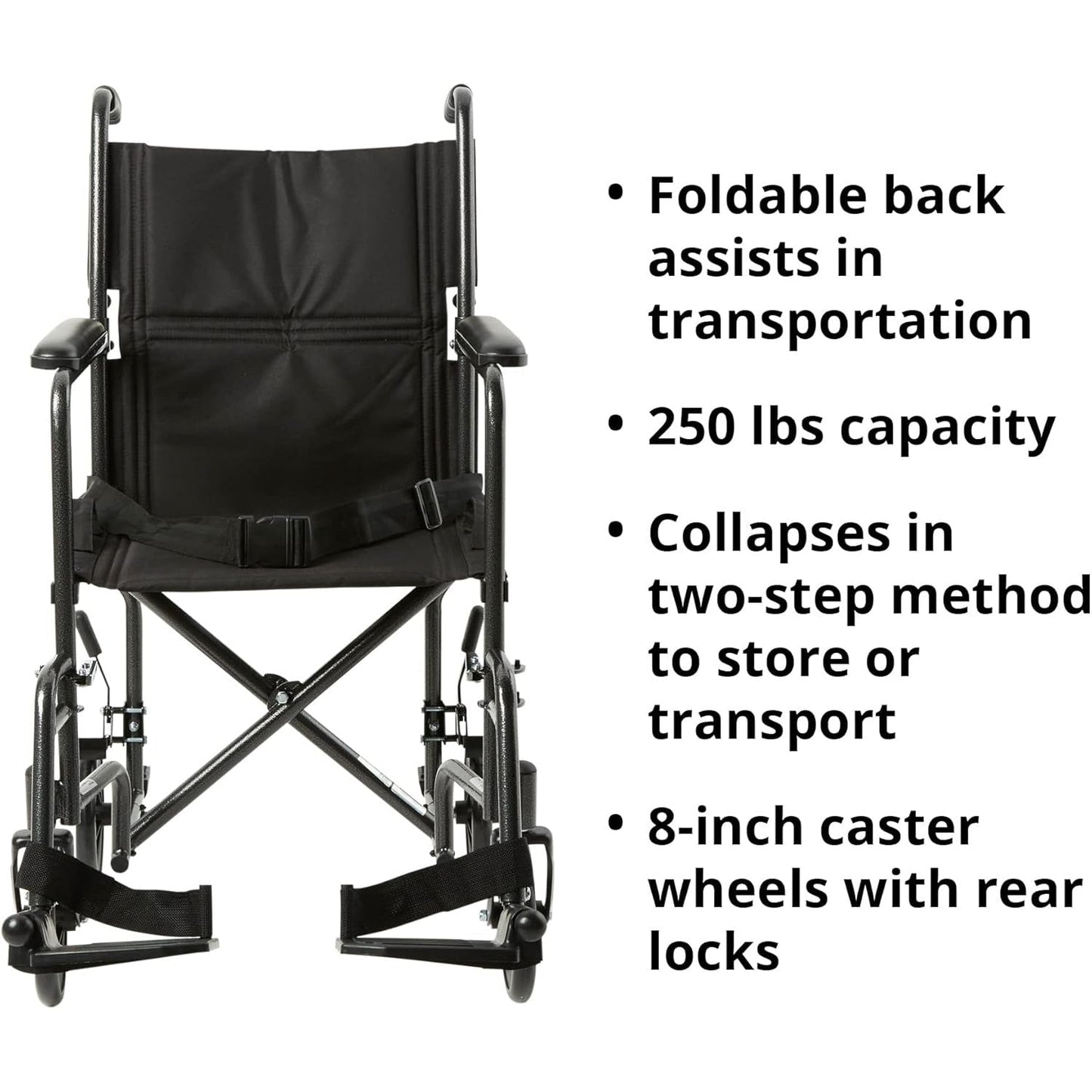 Transport chair with foldable back, black nylon upholstery, padded arms, swing-away footrests
