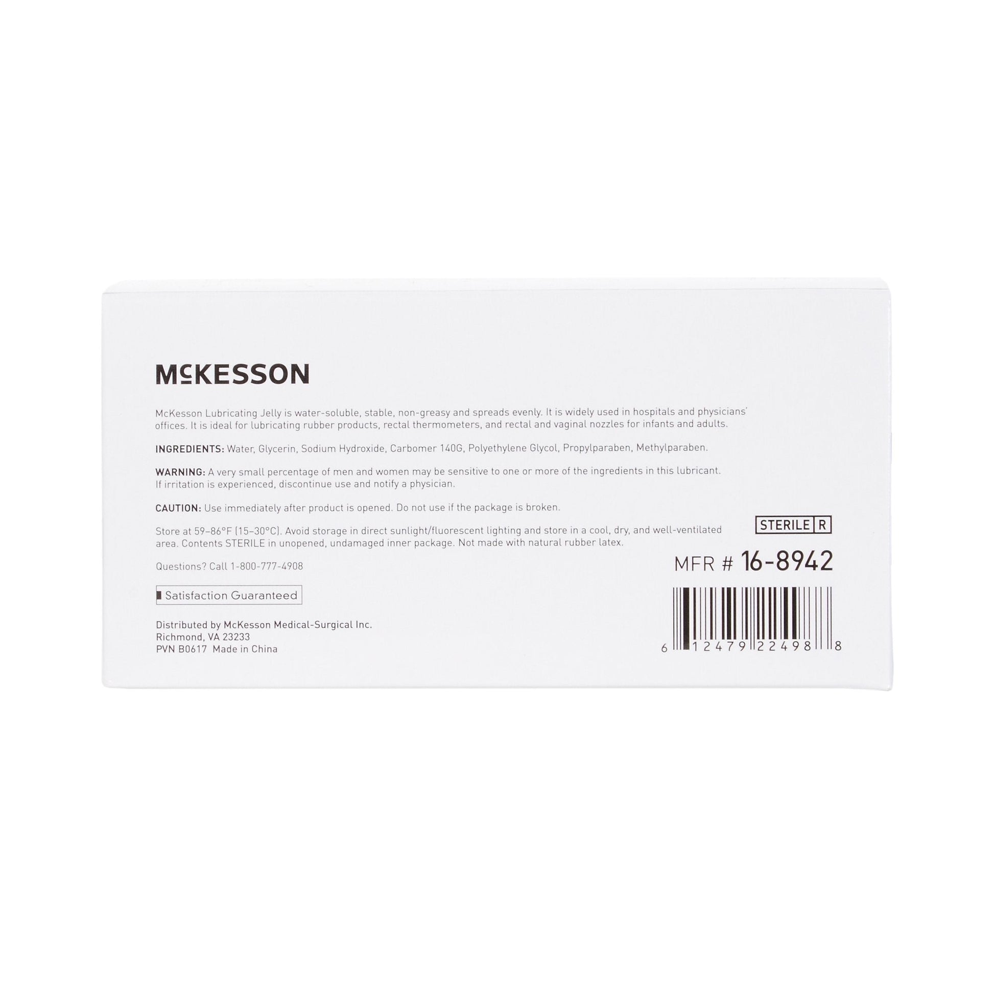Lubricating jelly box back panel with ingredients and MFR 16-8942