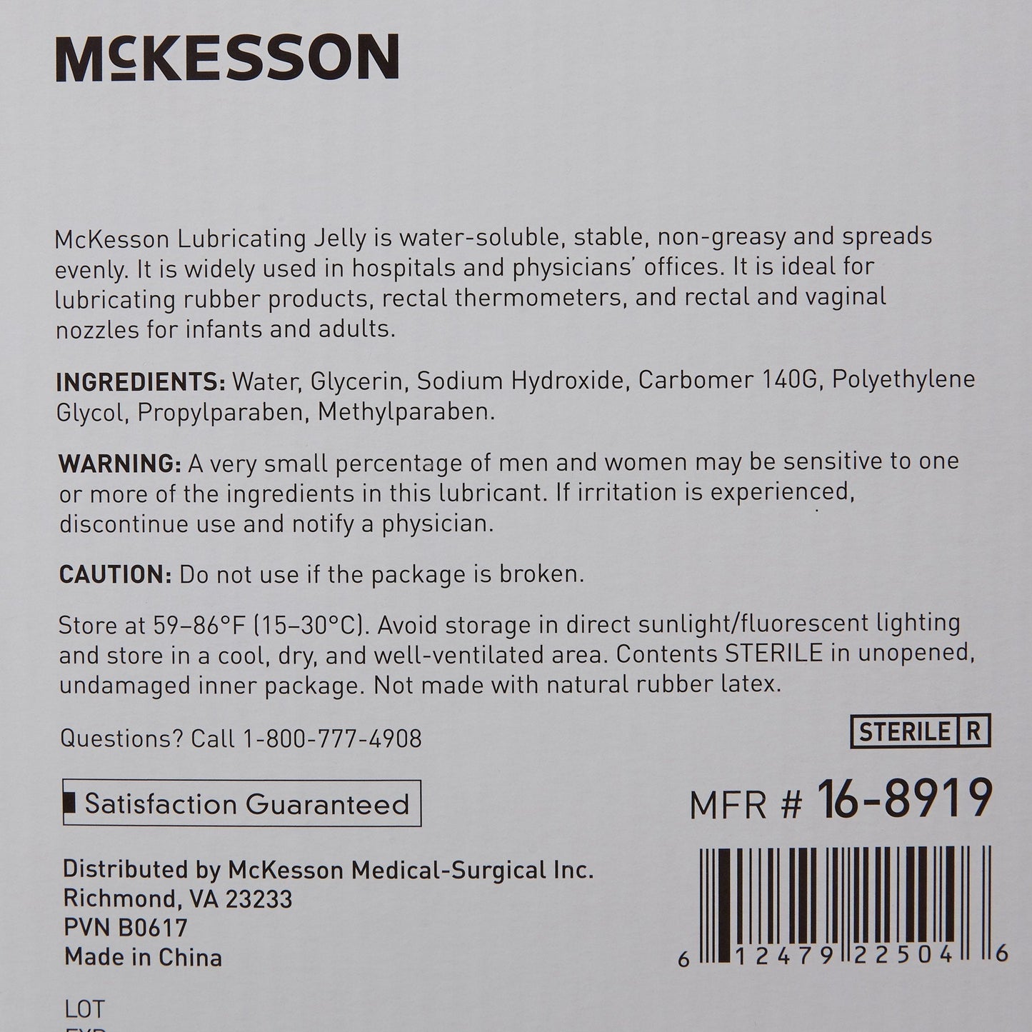 Lubricating jelly label with ingredients, cautions, and MER #16-8919