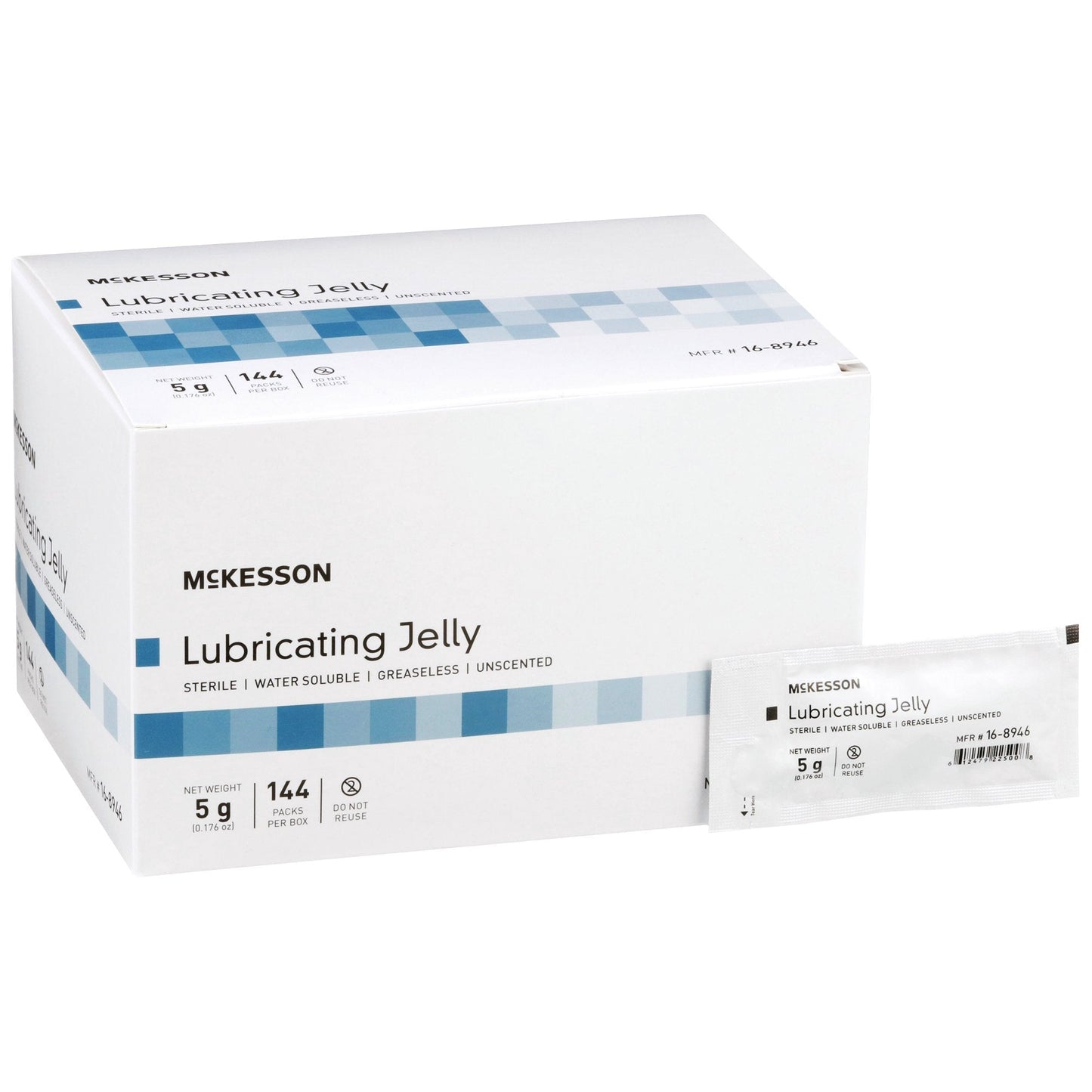 McKesson lubricating jelly box, sterile 5 g packets, 144 per box, water soluble