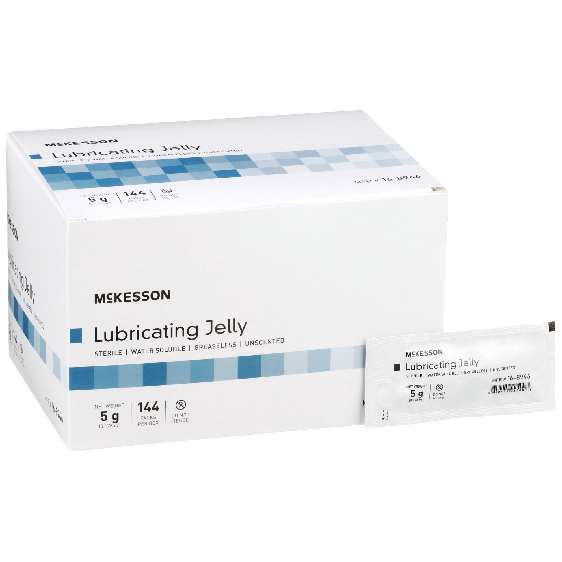 McKesson lubricating jelly box, sterile 5 g packets, 144 per box, water soluble