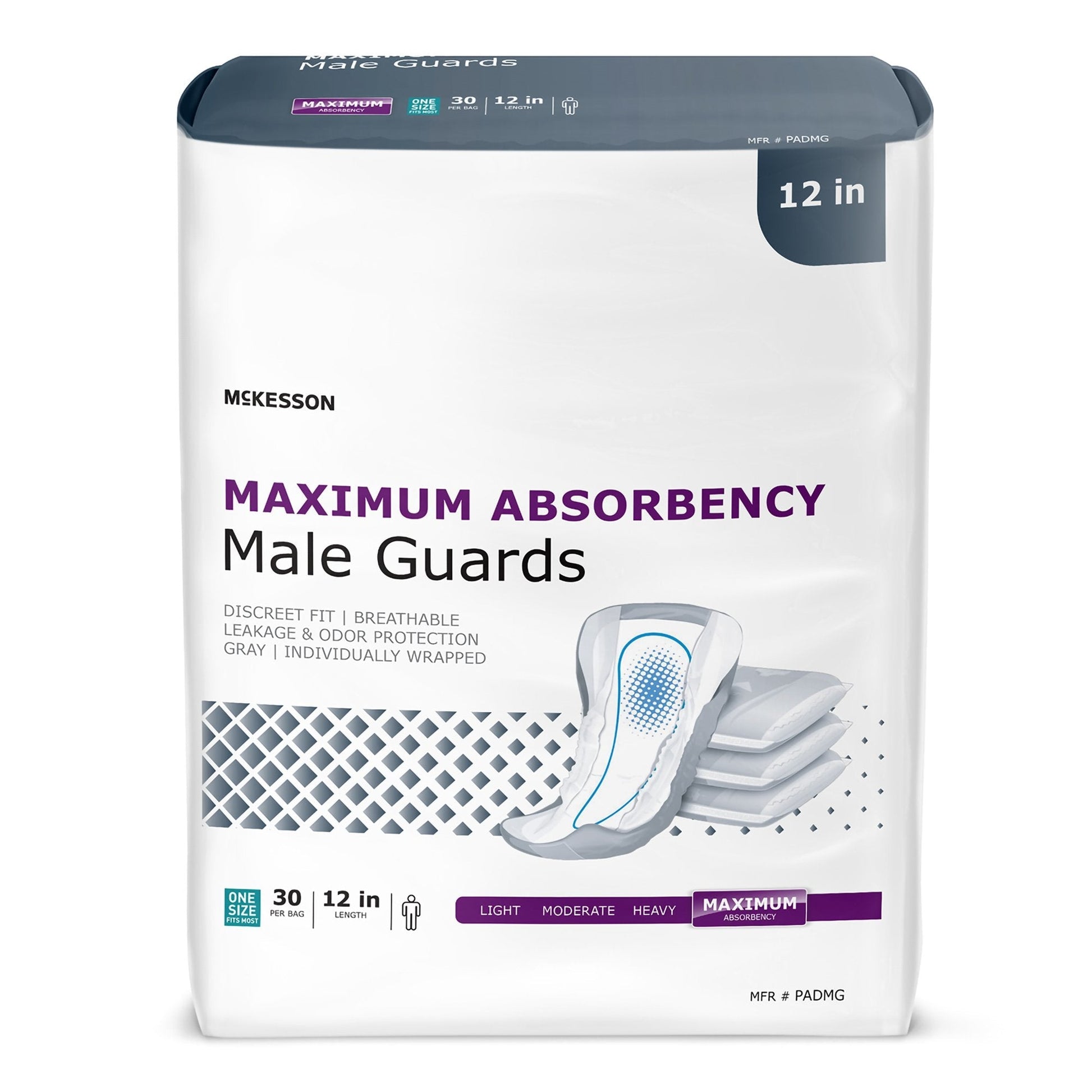 McKesson maximum absorbency male guards, pack of 30, 12 in, individually wrapped