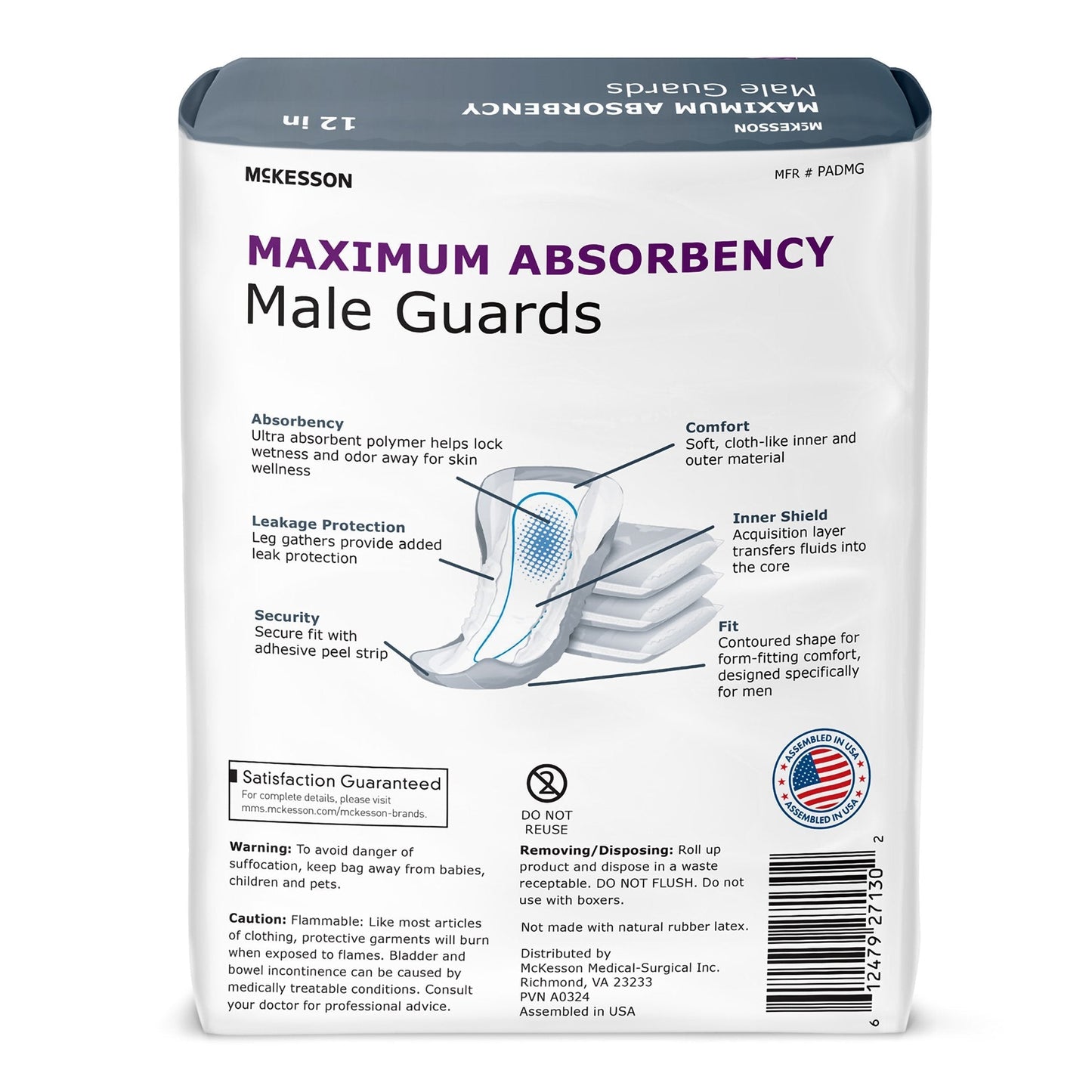 Maximum absorbency male guards with inner shield and adhesive fit strip, 12 in