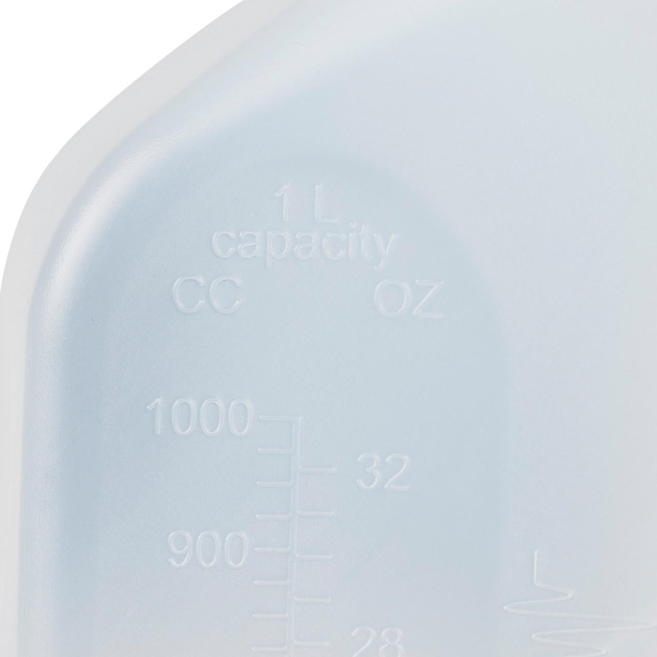 Close-up of urinal capacity markings (CC/oz) on translucent plastic