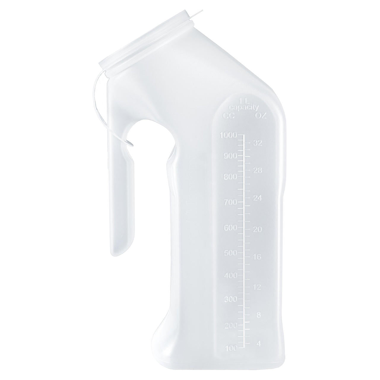 Male urinal with lid, translucent plastic, integrated handle and graduated volume markings