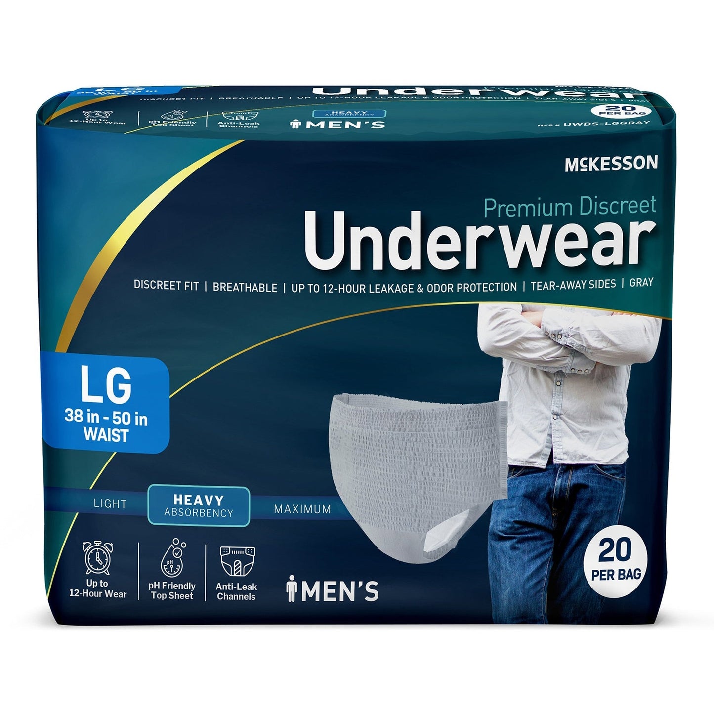 Men’s absorbent pull-on underwear, L waist 38–50 in, 20 per bag (heavy)