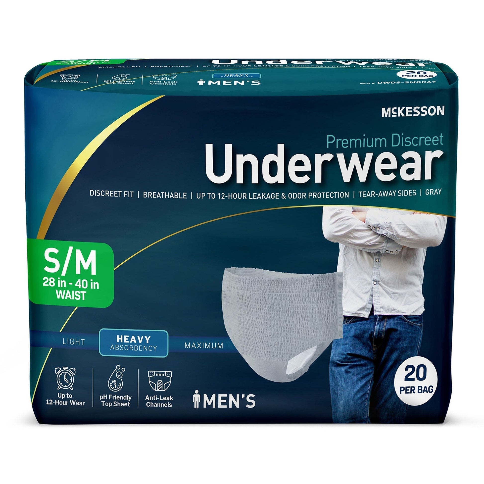 Men’s absorbent pull-on underwear, S/M waist 28–40 in, 20 per bag (heavy)
