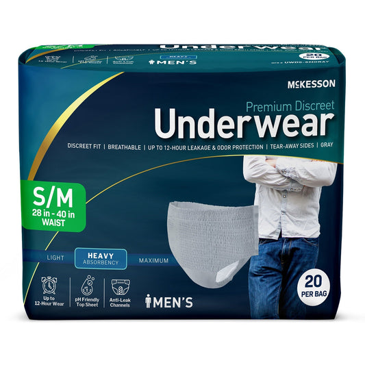 Men’s absorbent pull-on underwear, S/M waist 28–40 in, 20 per bag (heavy)