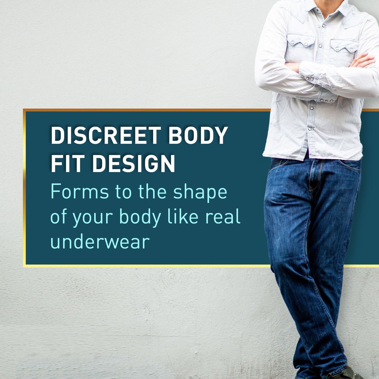 Men wearing absorbent pull-on underwear under jeans for a discreet fit