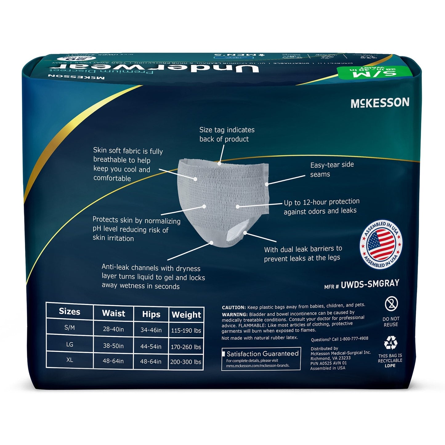McKesson gray absorbent pull-on underwear package back with size chart