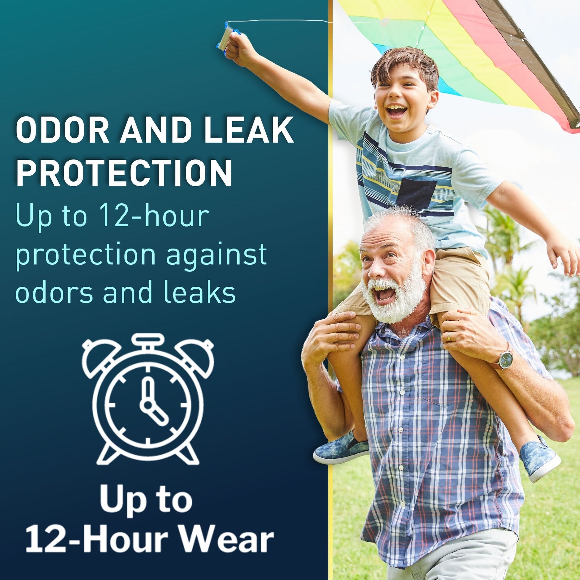 Odor and leak protection graphic for absorbent pull-on underwear, up to 12-hour wear