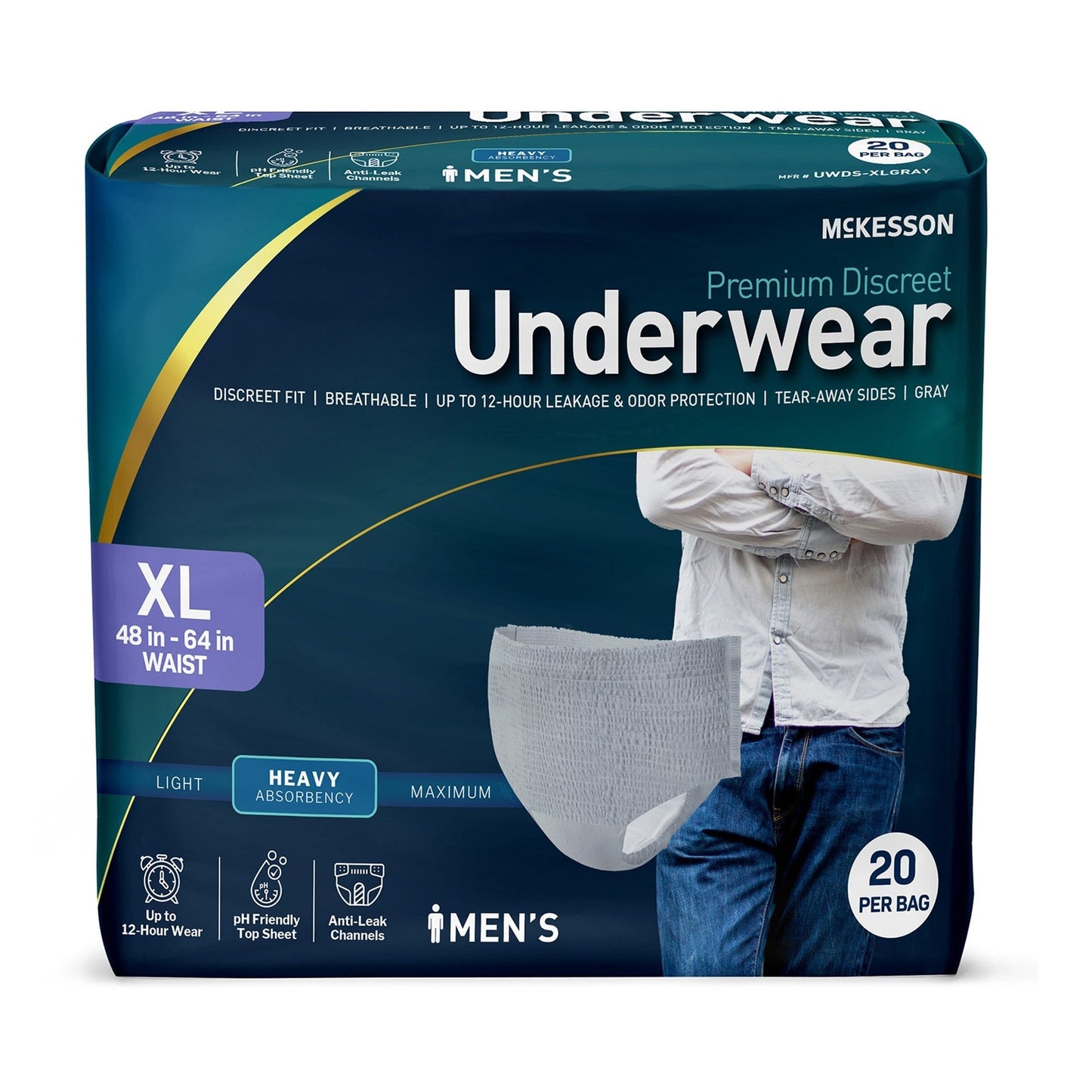 Men’s absorbent pull-on underwear, XL waist 48–64 in, 20 per bag (heavy)