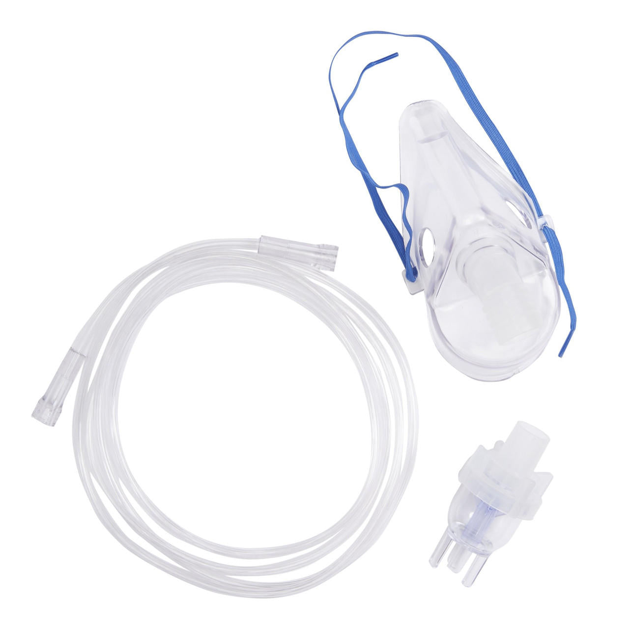 Adult nebulizer mask with clear medication cup and transparent tubing, blue accents