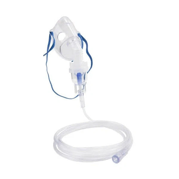 Adult aerosol nebulizer mask with tubing and small connector, clear plastic with blue accents