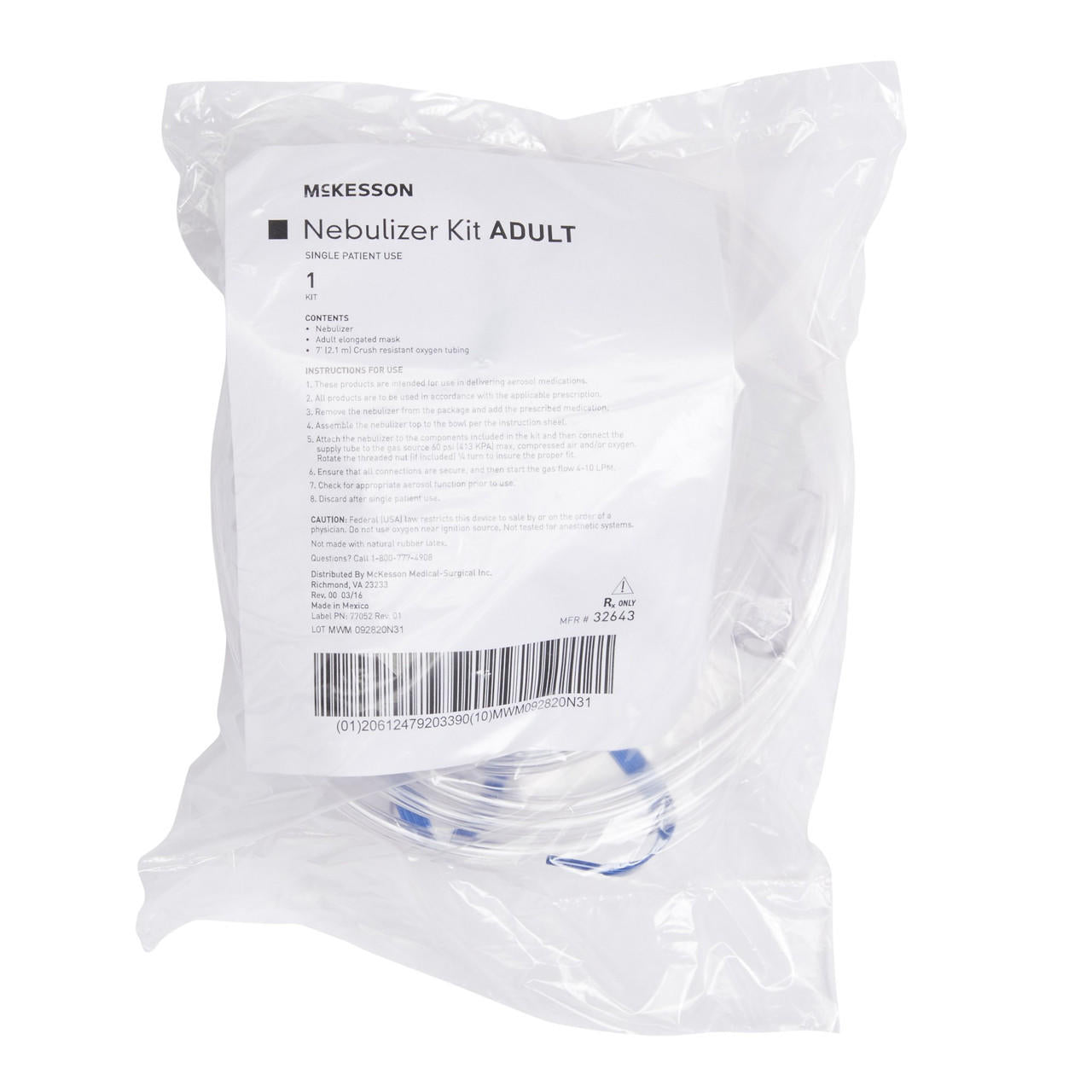Adult nebulizer kit in clear bag with printed instruction label visible
