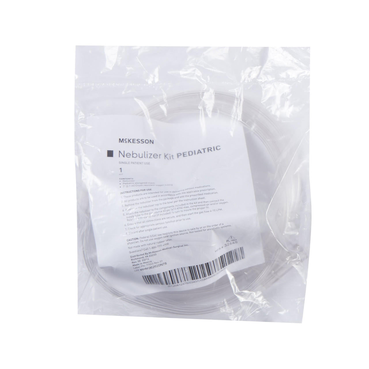 Pediatric nebulizer kit packaged in sealed clear bag with tubing