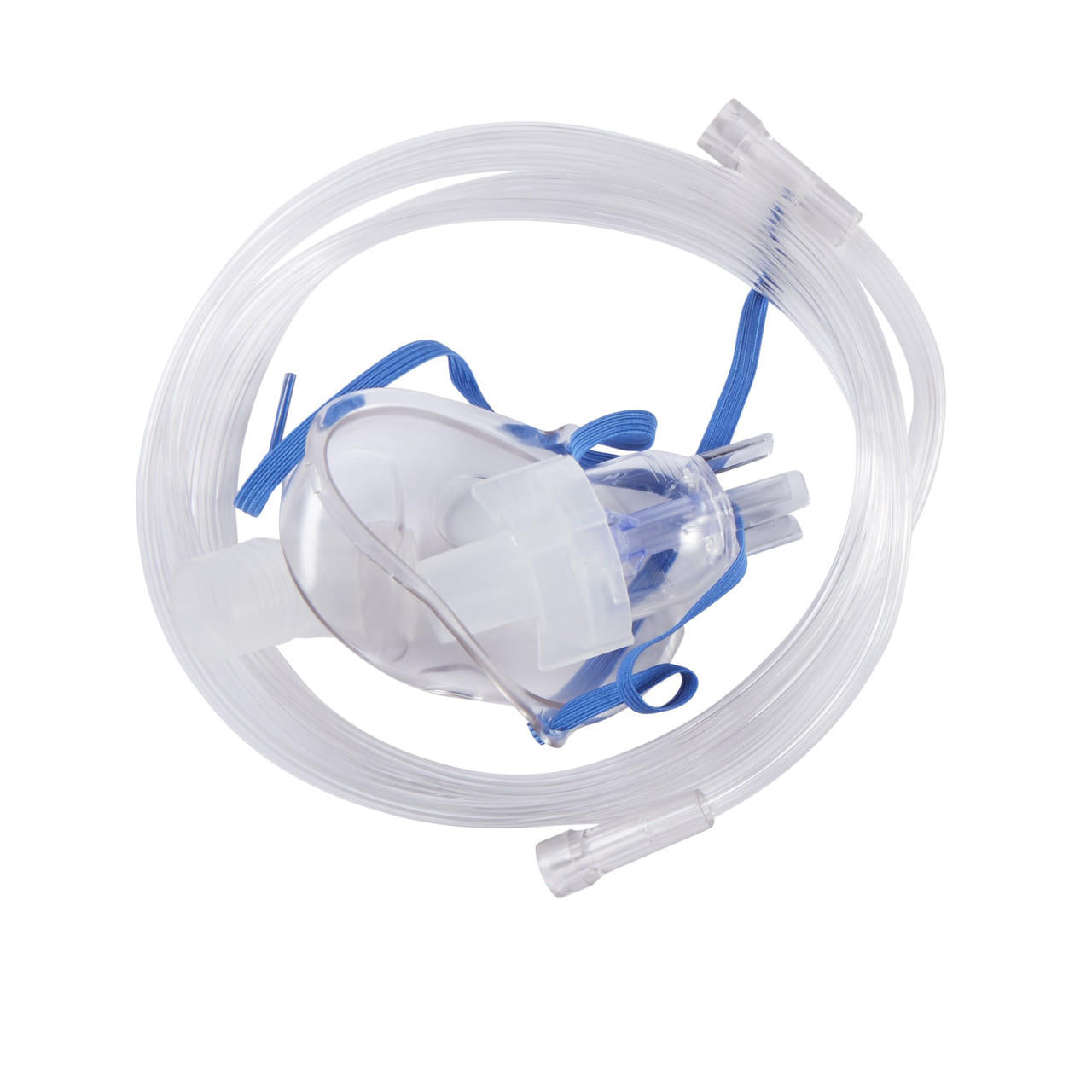 Clear pediatric aerosol mask with blue strap, tubing, and small medication cup
