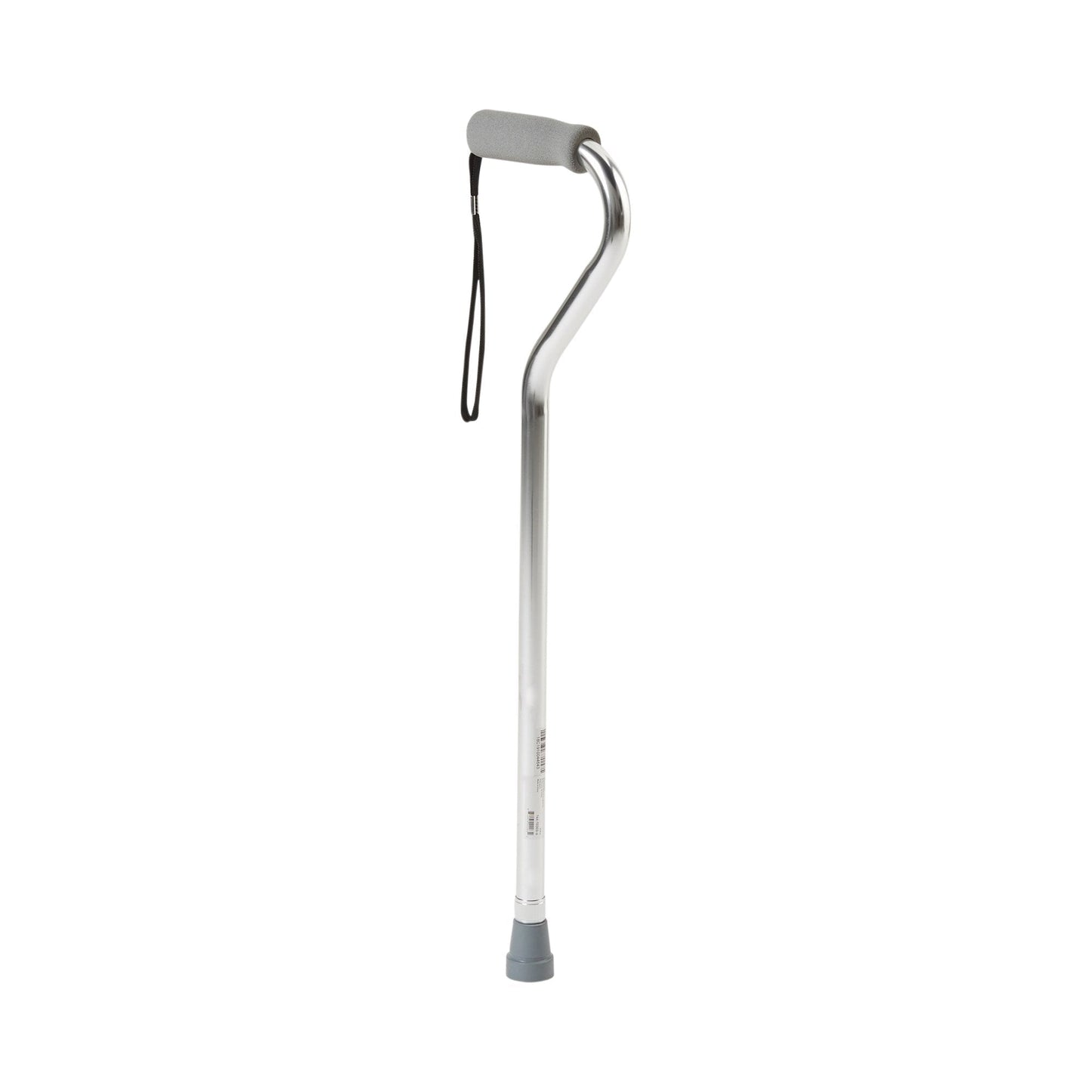 Silver offset cane with padded hand grip and rubber tip base on aluminum shaft