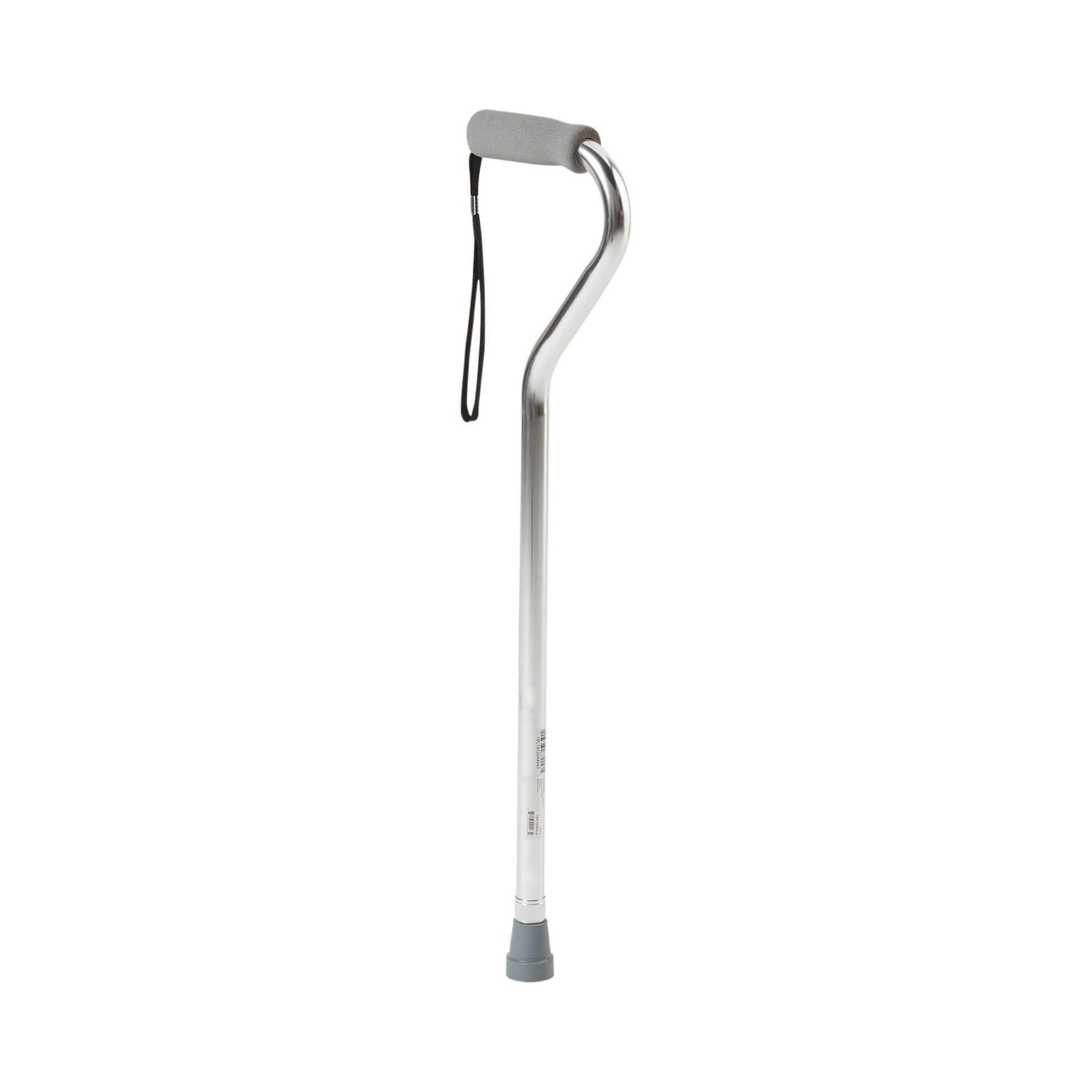 Silver offset cane with padded hand grip and rubber tip base on aluminum shaft