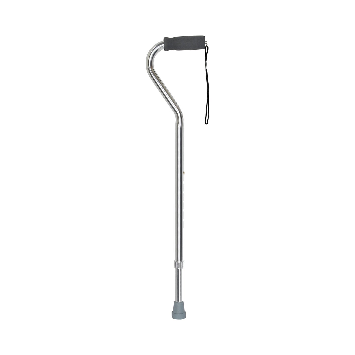 Silver offset cane with padded handle, wrist strap, aluminum shaft, 30–39 in