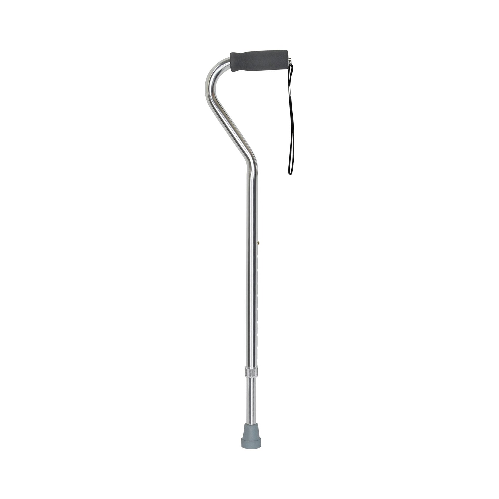 Silver offset cane with padded handle, wrist strap, aluminum shaft, 30–39 in
