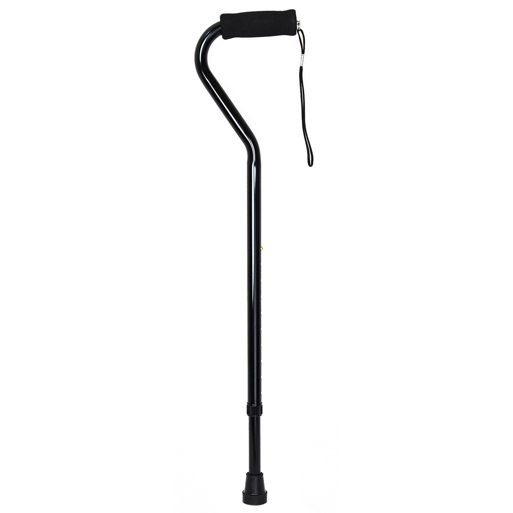 Black offset cane with padded handle, aluminum shaft, 30–39 in height