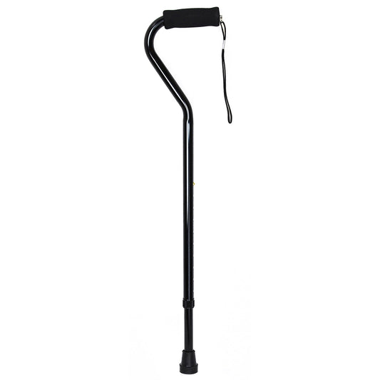 Black offset cane with padded handle, aluminum shaft, 30–39 in height