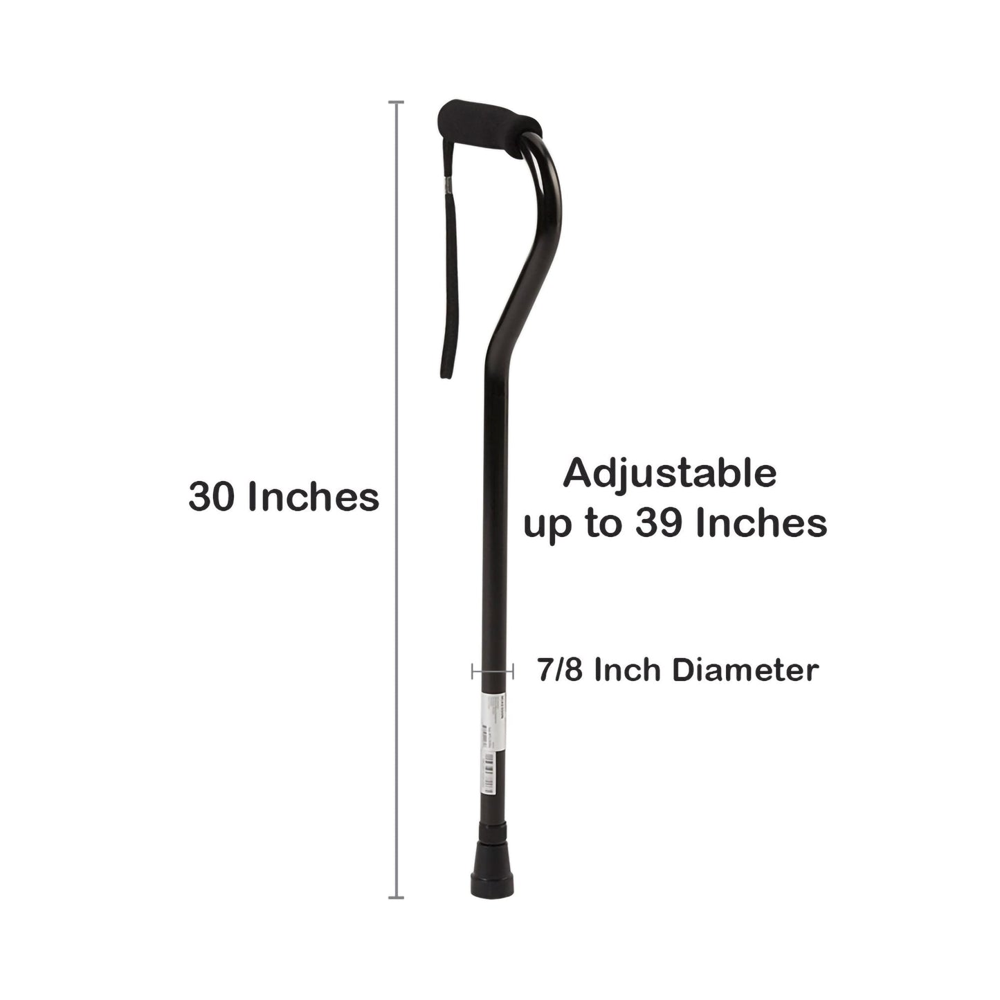 Height-adjustable black offset cane, 30–39 in range, 7/8 in diameter