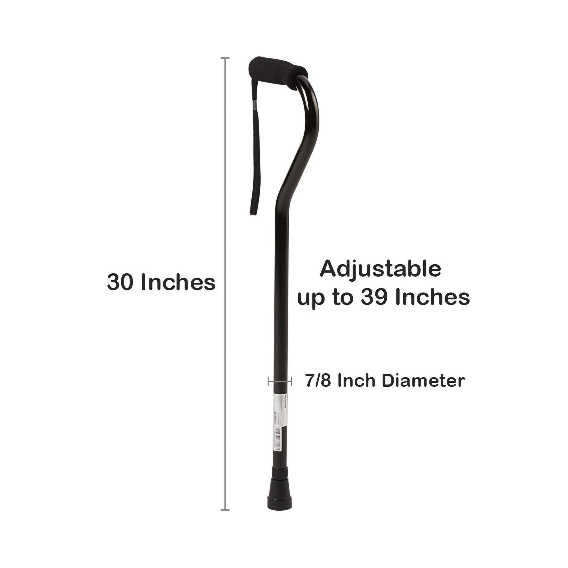 Height-adjustable black offset cane, 30–39 in range, 7/8 in diameter