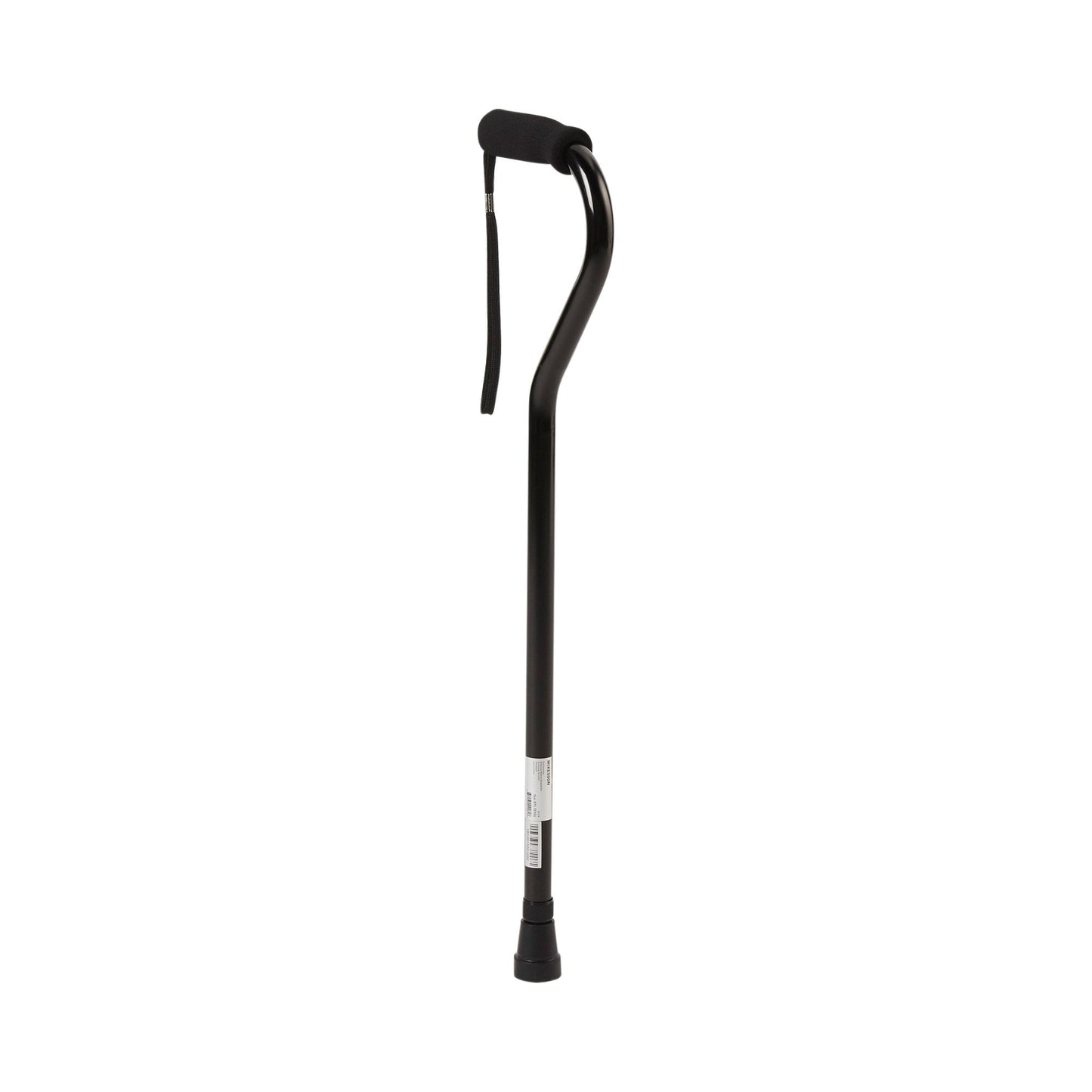 Black offset cane with padded hand grip and wrist strap, aluminum shaft