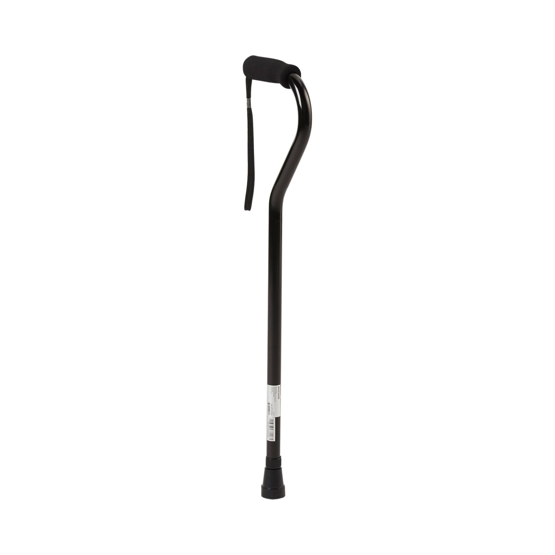 Black offset cane with padded hand grip and wrist strap, aluminum shaft