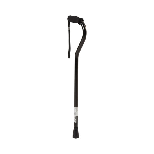 Black offset cane with padded hand grip and wrist strap, aluminum shaft