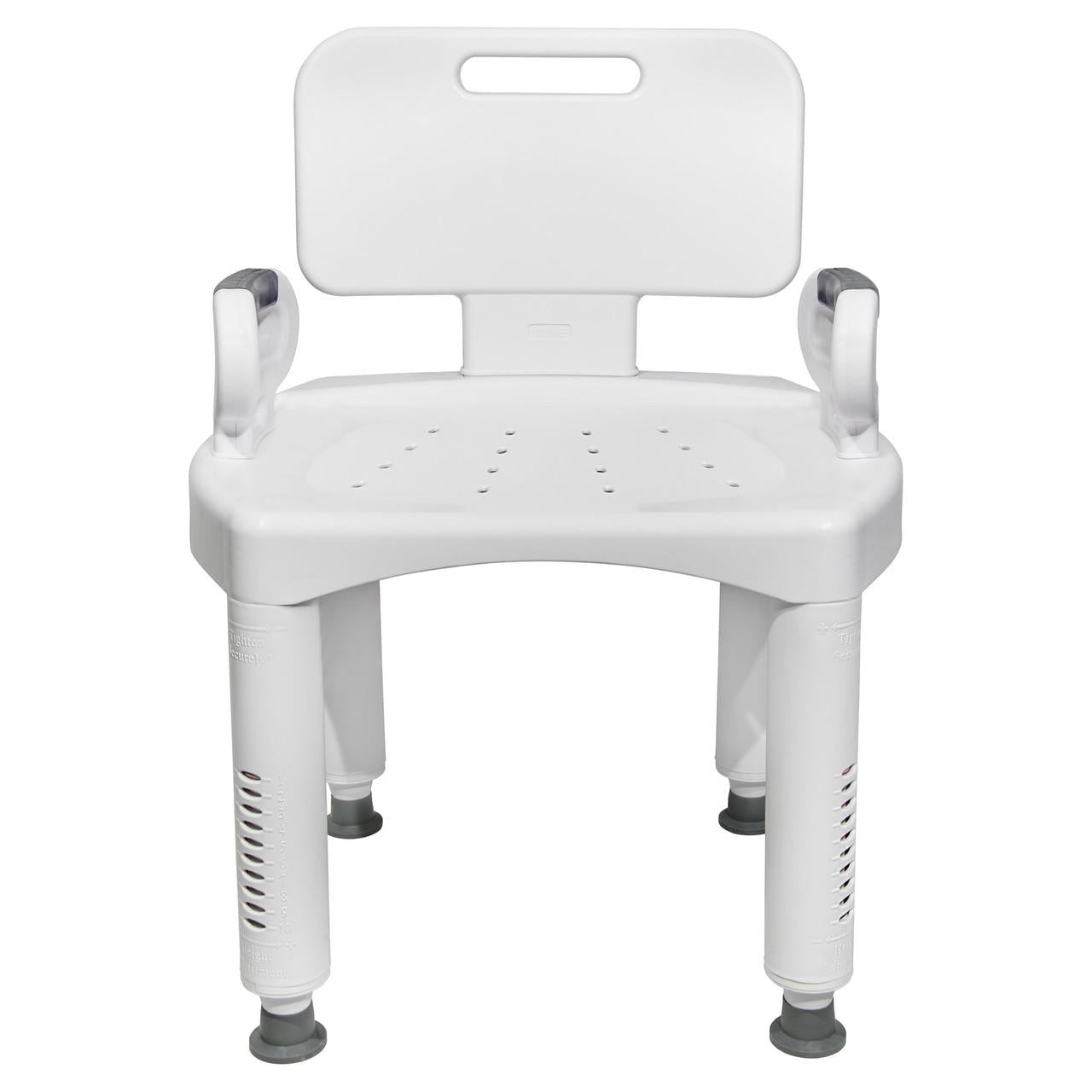 White plastic bath chair, front view, padded backrest and vented seat surface with holes