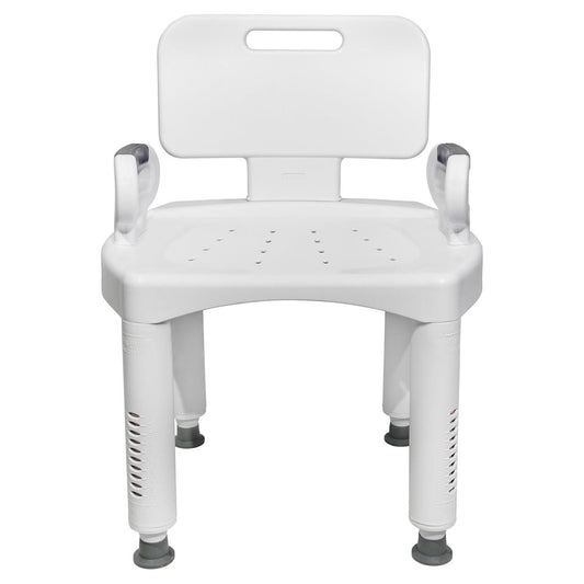 White plastic bath chair, front view, padded backrest and vented seat surface with holes