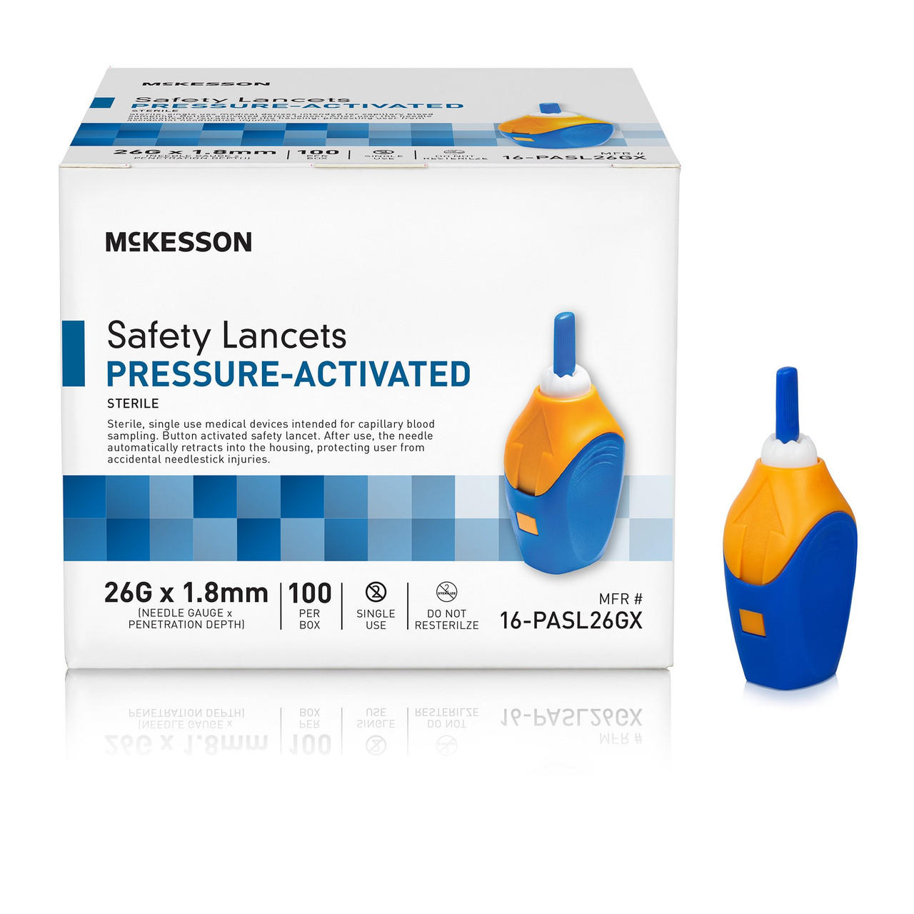 Pressure-activated safety lancets, 26G x 1.8mm, 100-count box with lancet device