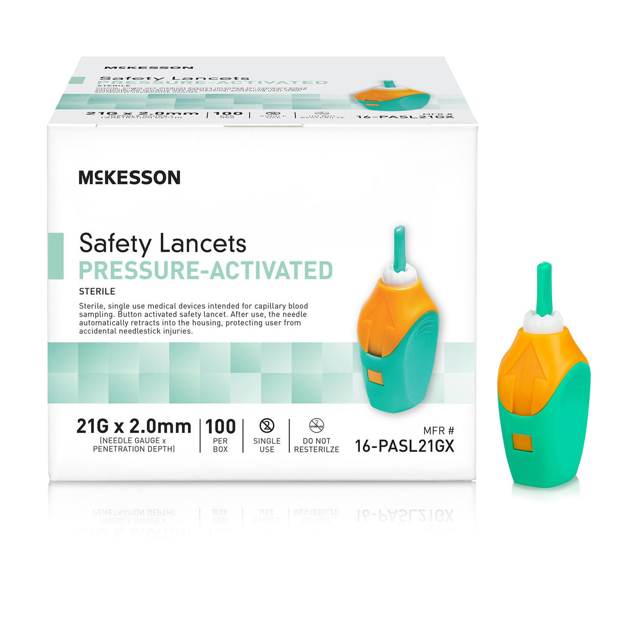 Pressure-activated safety lancets, 21G x 2.0mm, 100-count box with lancet device