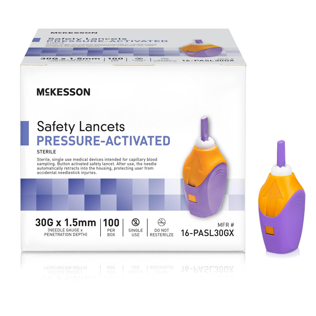 Pressure-activated safety lancets, 30G x 1.5mm, 100-count box with lancet device