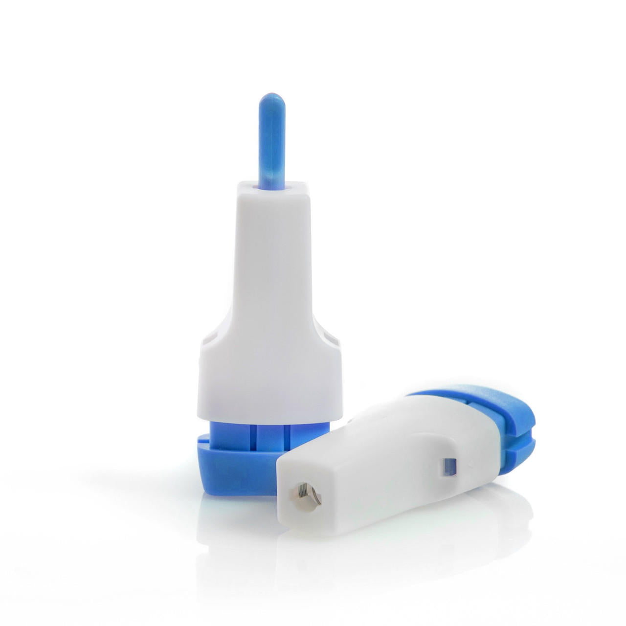 Push-button safety lancet device with blue needle cover