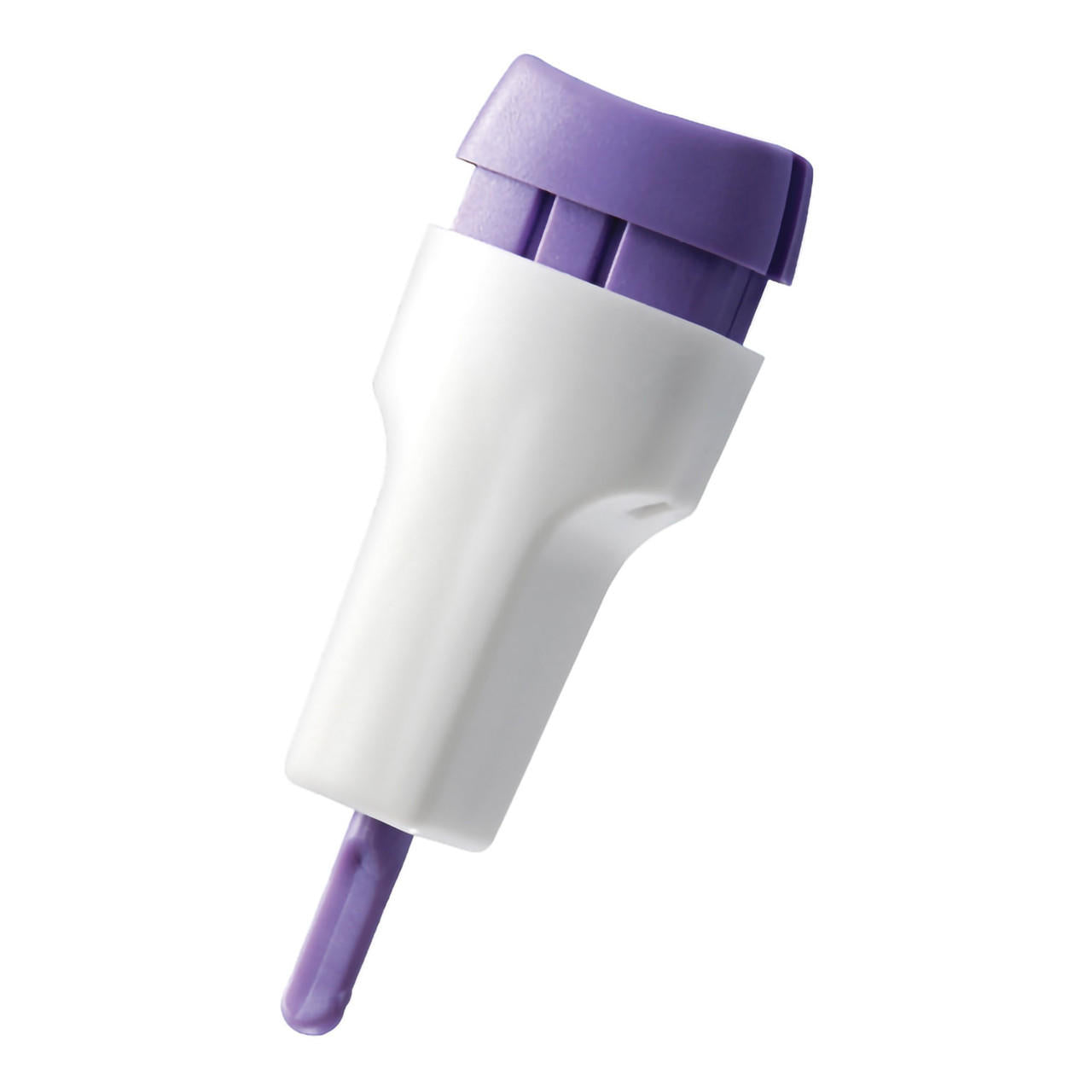 Push-button safety lancet with purple cap, fixed-depth needle