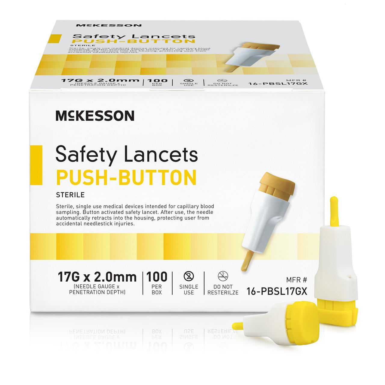 Safety lancets push-button, 17G x 2.0mm fixed-depth, 100-count box