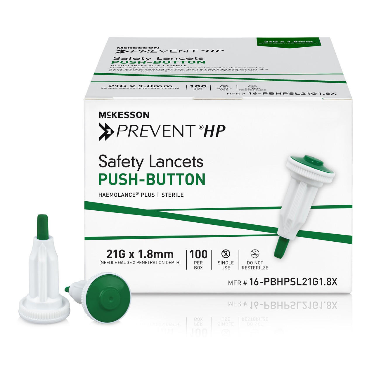 Safety lancets push-button, 21G x 1.8mm fixed-depth, 100-count box