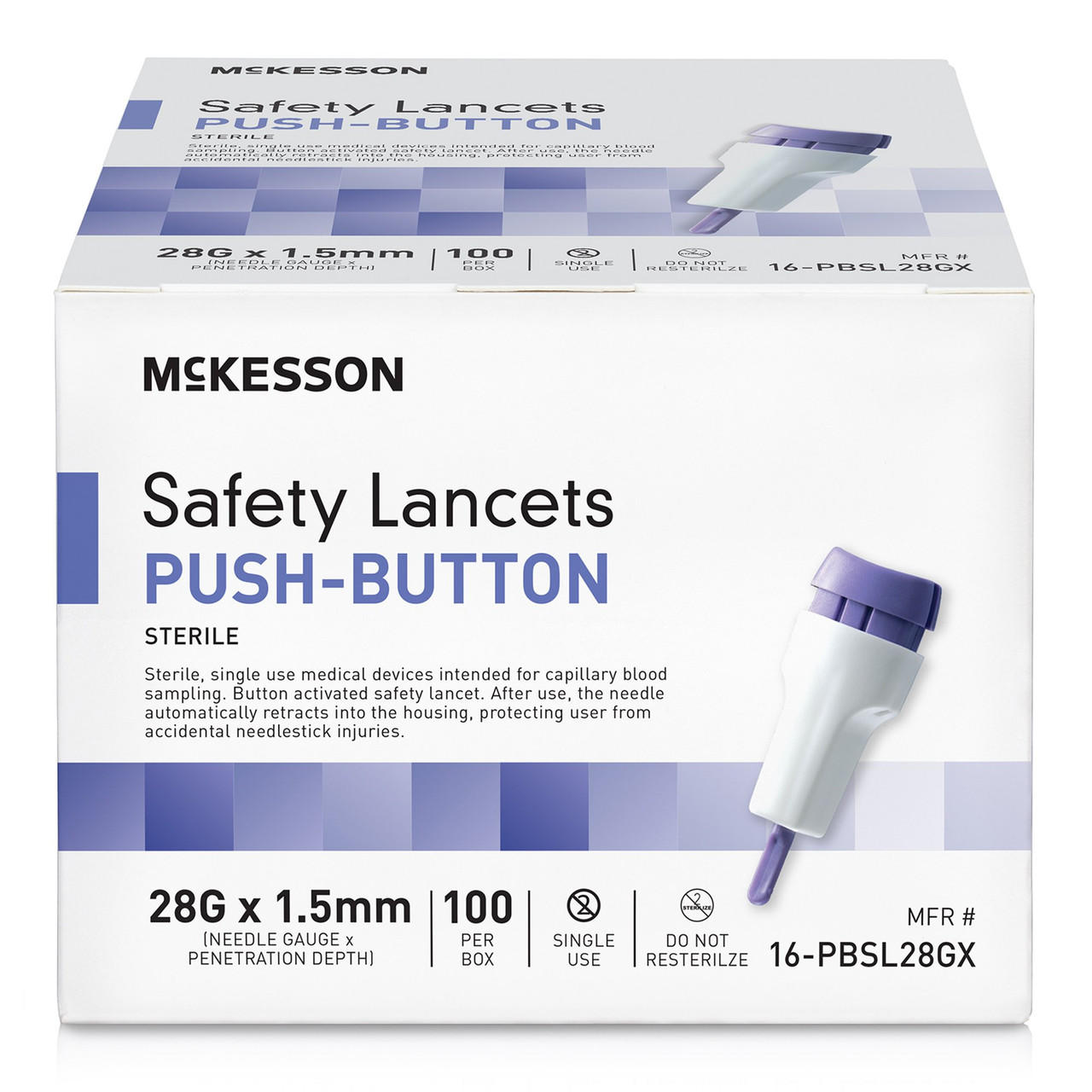 Safety lancet push-button, 28G x 1.5mm fixed-depth, 100-count box